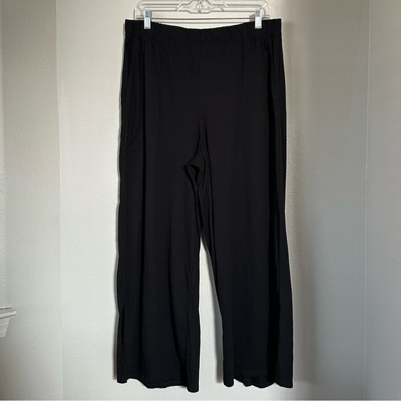 EILEEN FISHER L Slubby Organic Cotton Wide-Leg Sleep Pant in Black Pajama Pants - Picture 4 of 13